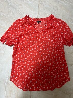 Talbots Red Floral V-Neck Short Sleeve Blouse